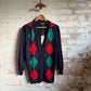 1980s Navy Argyle Knitted Cardigan Jumper