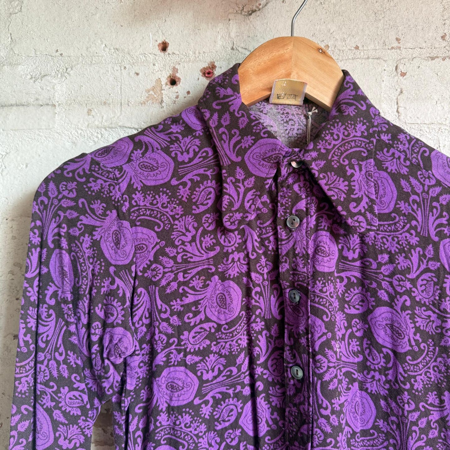 1970s Rayon Purple Graphic Loop Collar Shirt