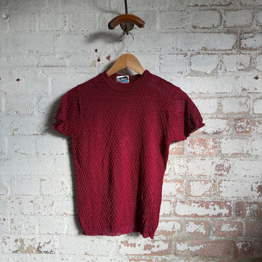 1960s 1970s Burgundy Rayon Knitted T-Shirt Top