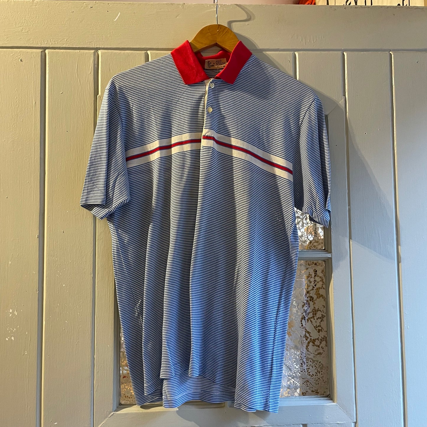 1970s Baby Blue Striped Italian Stripe Polo Shit Top