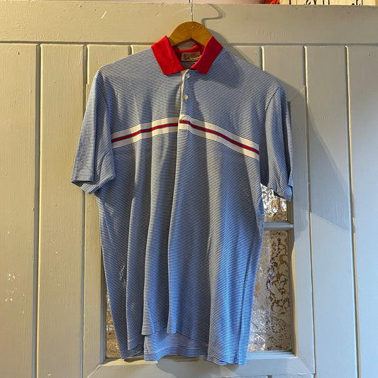 1970s Baby Blue Striped Italian Stripe Polo Shit Top