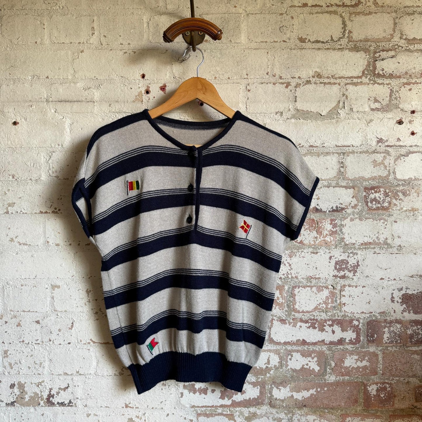 1980s Grey and Navy Knitted Stripe Jumper Top