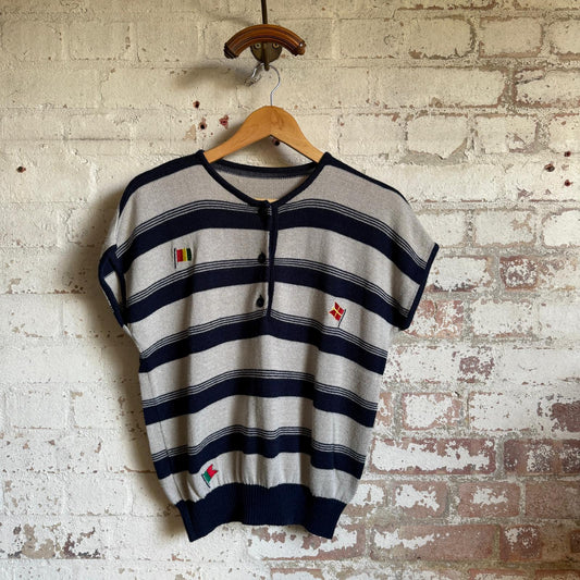 1980s Grey and Navy Knitted Stripe Jumper Top