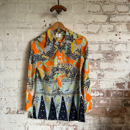 1970s Patterned Silk Button Blouse Shirt