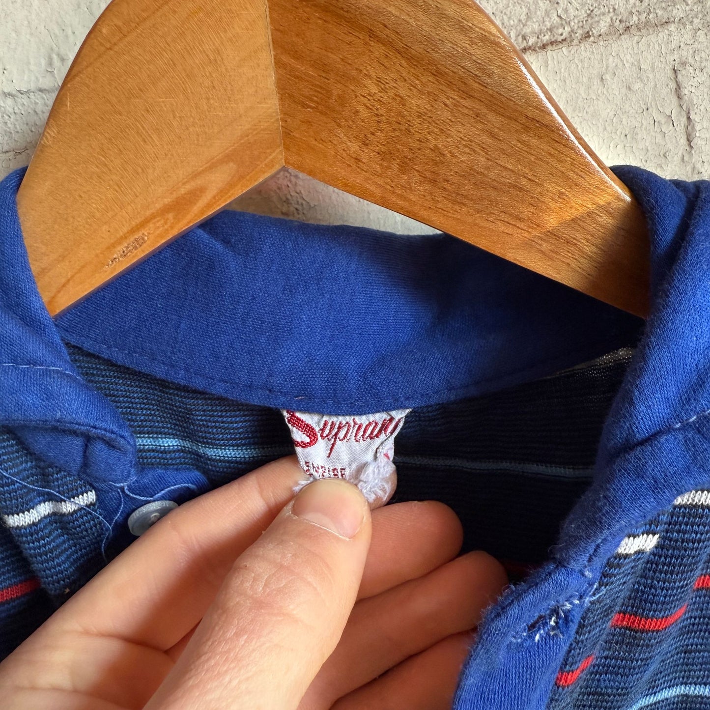 1960s Blue Distressed Striped British Polo Shirt Top