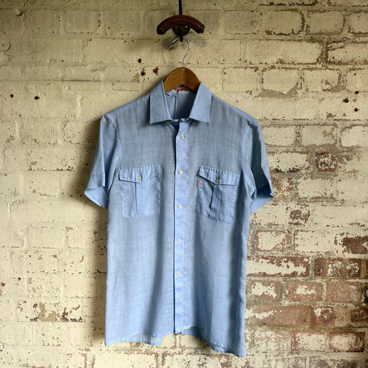 1970s Blue Linen Italian Button Shirt