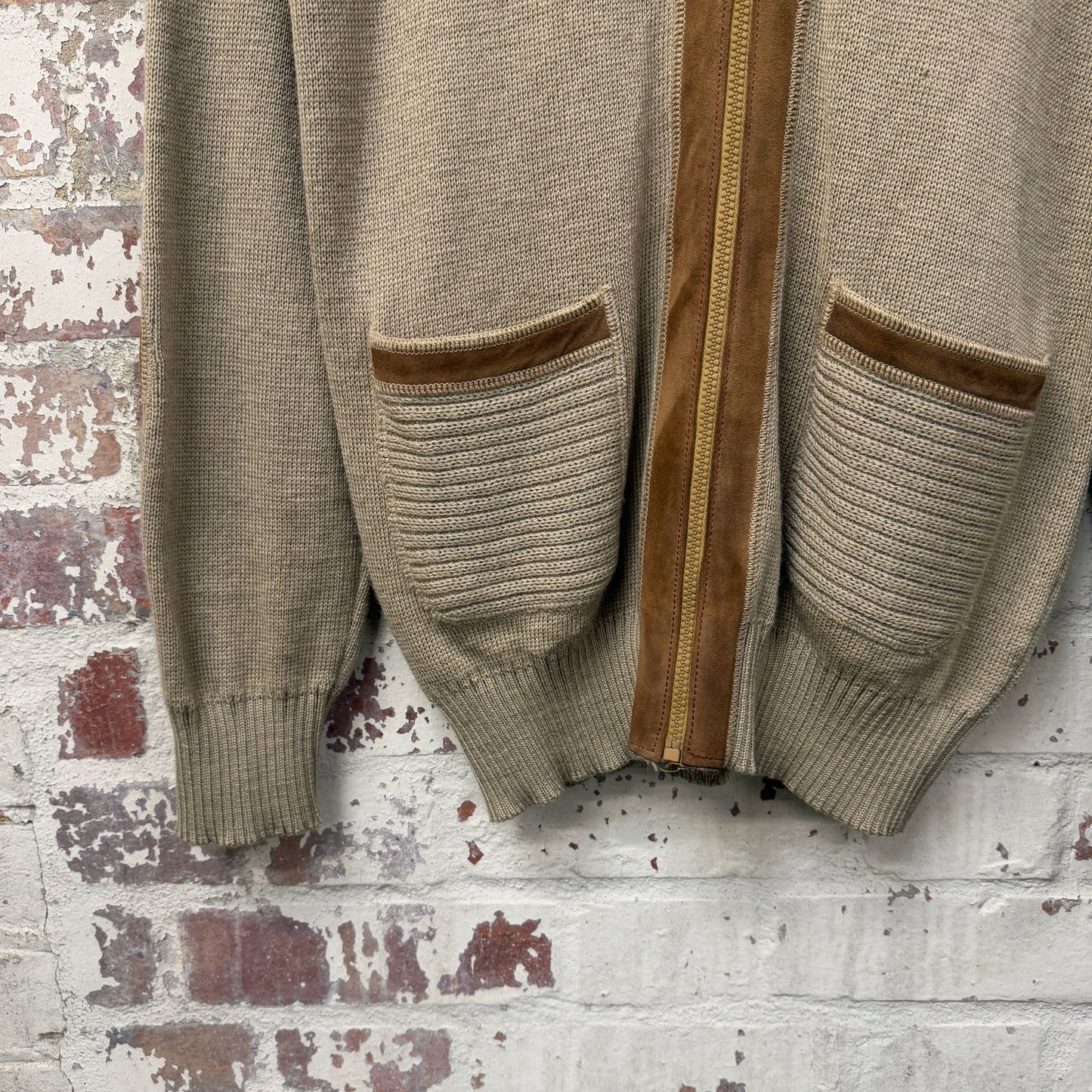1970s Beige Italian Knitted Suede Zip Up Track Top Jumper