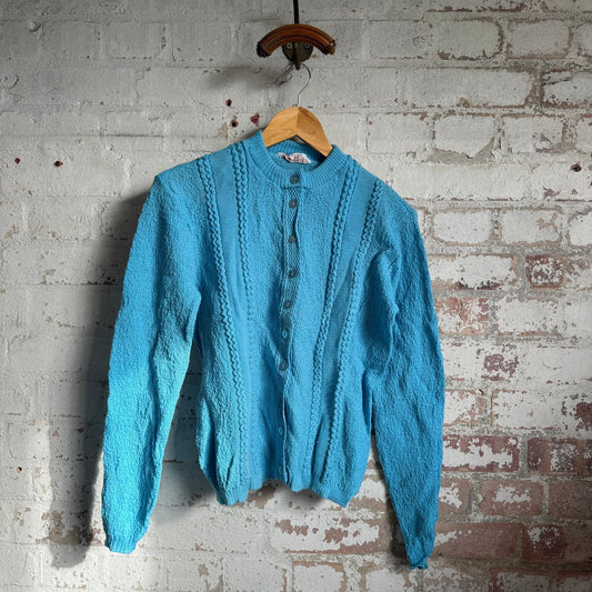 1950s Blue Wool British Knitted Cardigan