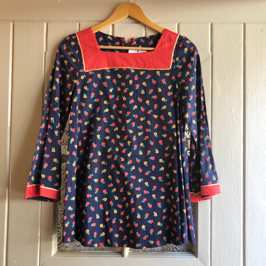 1970s Navy Floral Print Bell Sleeve Blouse