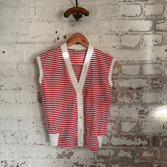 1970s Red Striped Cotton Button Cardigan Vest Top