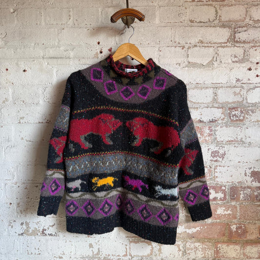 1980s Black Patterned Knitted Jumper