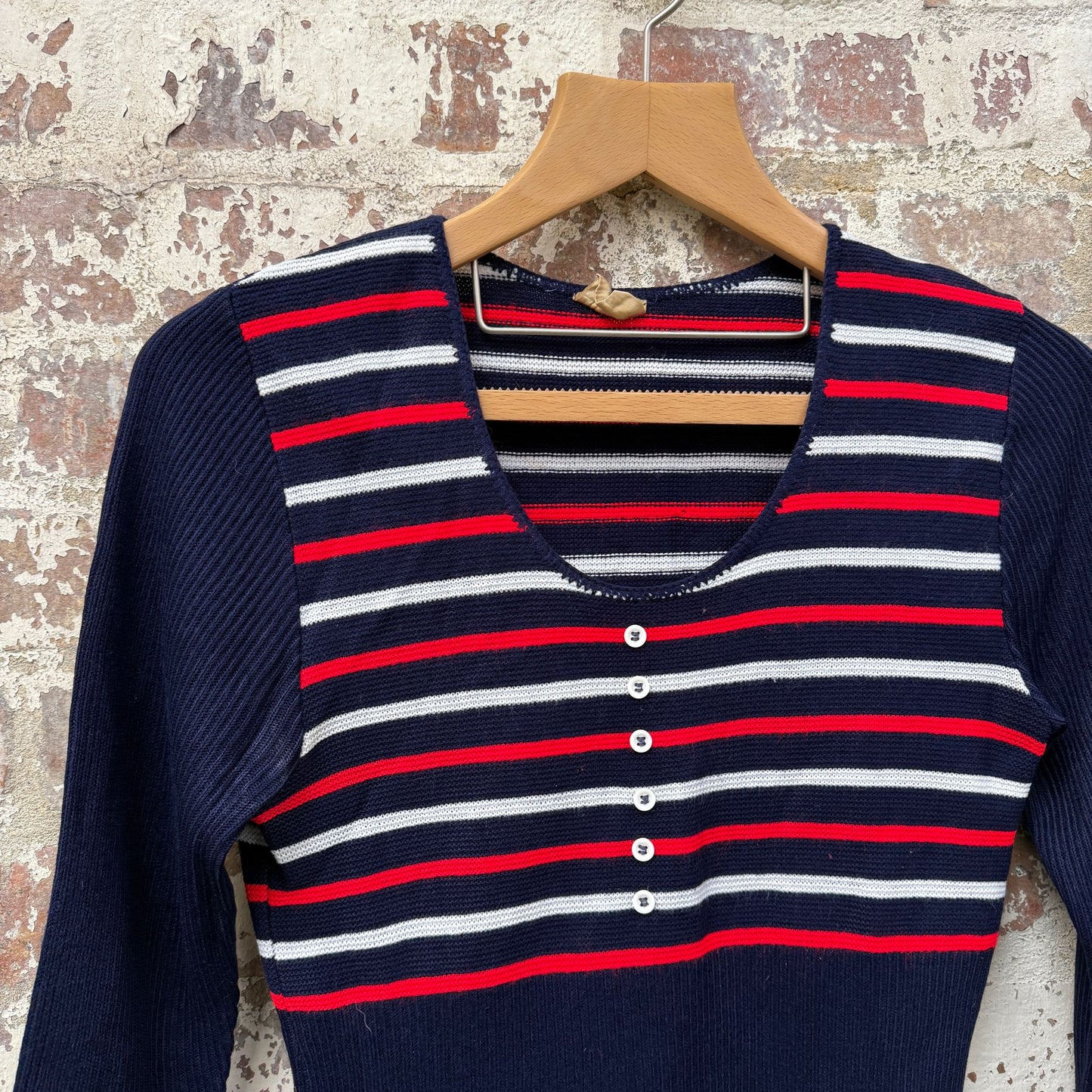 1970s Navy Striped Knitted Long Sleeve Top
