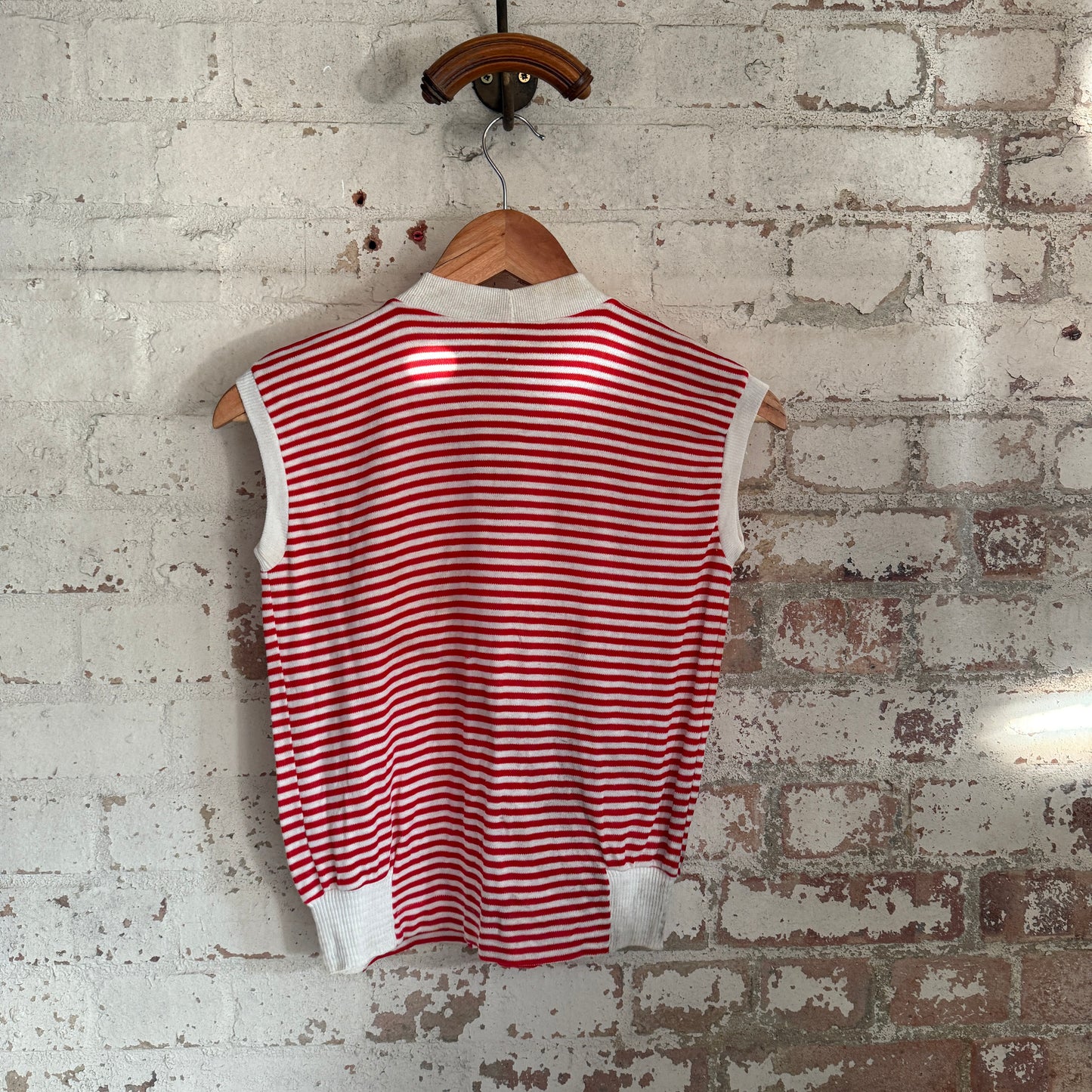 1970s Red Striped Cotton Button Cardigan Vest Top