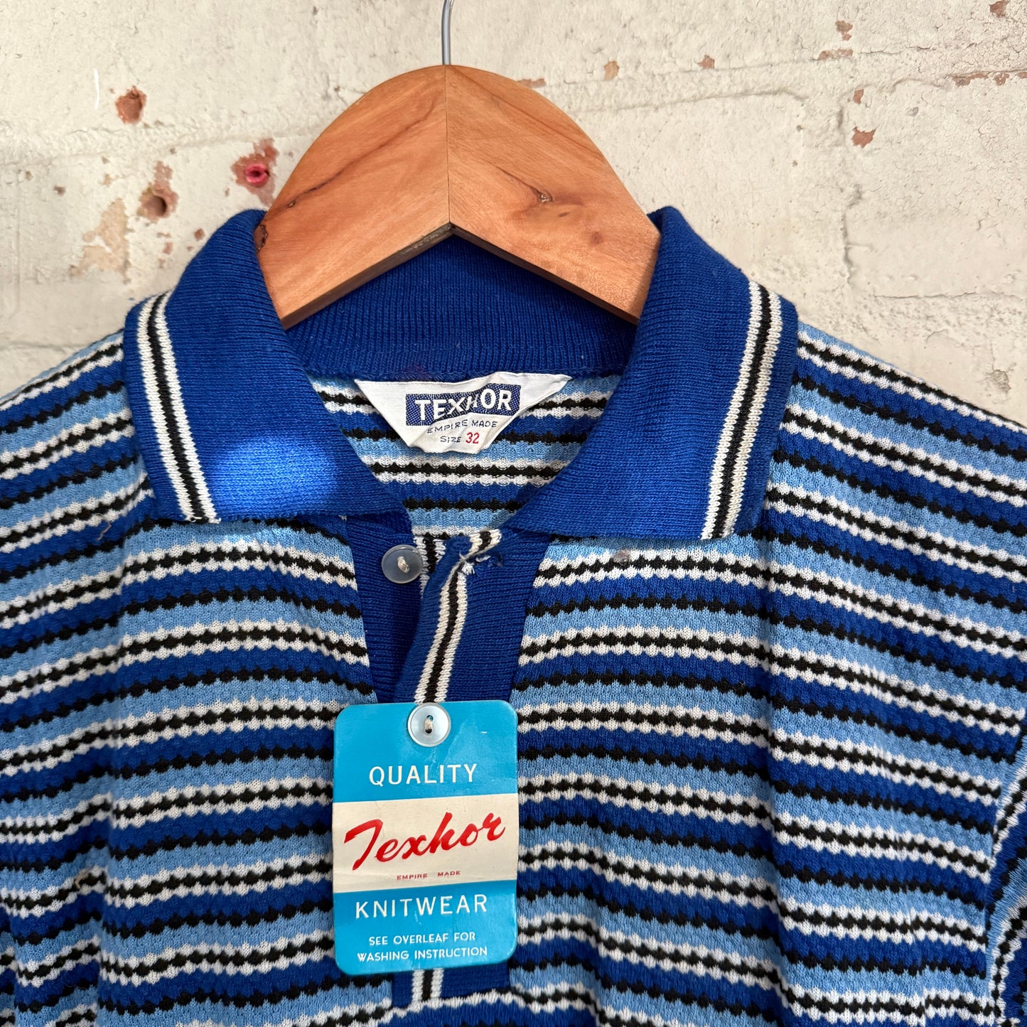1960s 1970s Blue Patterned Dead Stock Polo Shirt Top