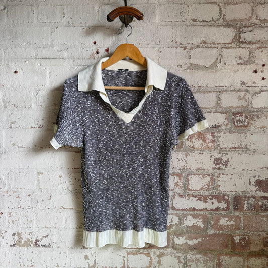 1970s Brown Knitted Open Collar Polo Shirt Top
