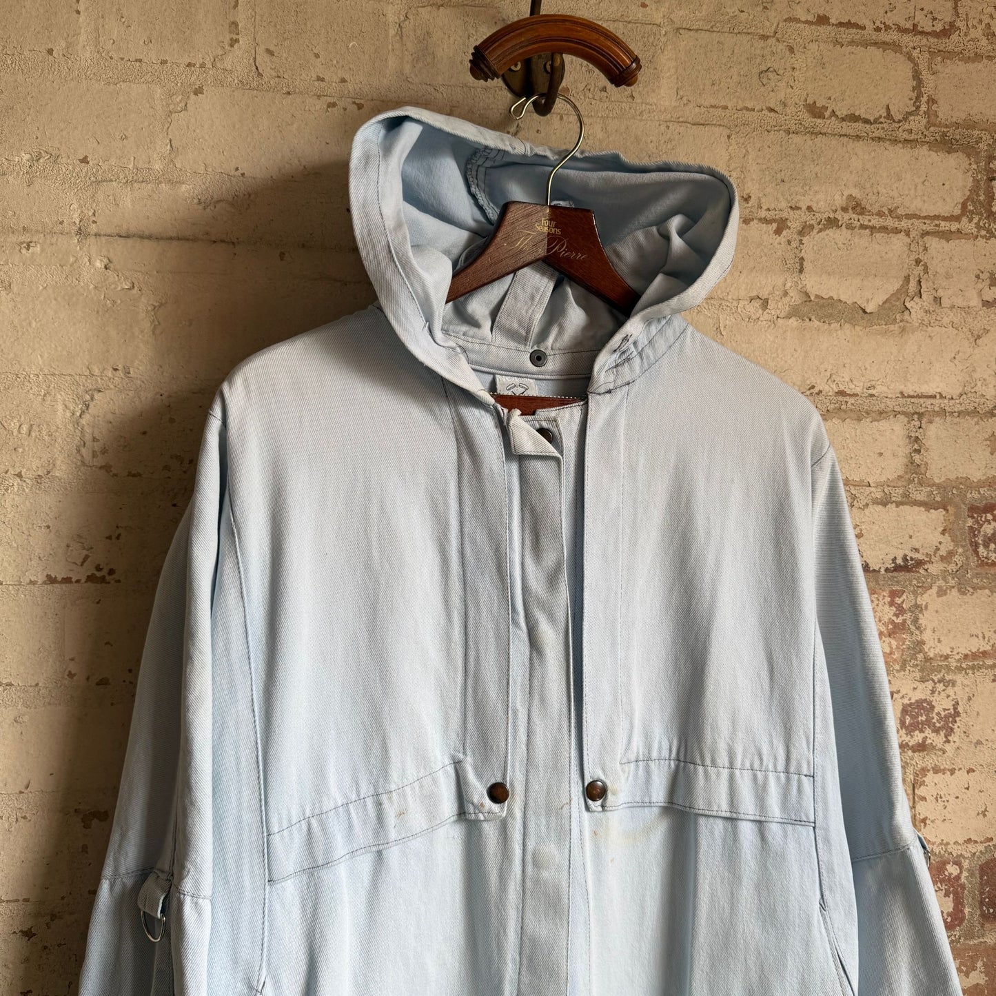 1980s Blue Denim 'Clock House' Unusual Design Hooded Jacket