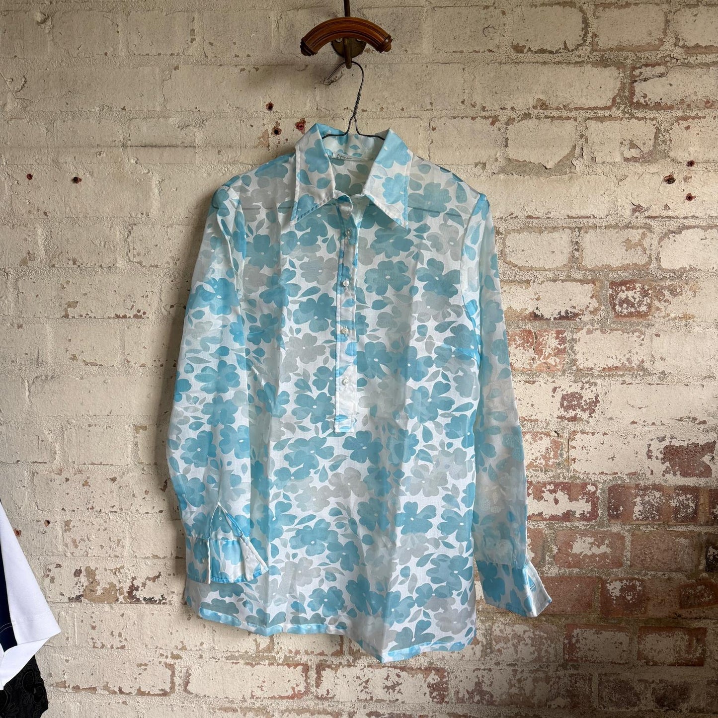 1970s Blue Floral Sheer Mini Dress Shirt