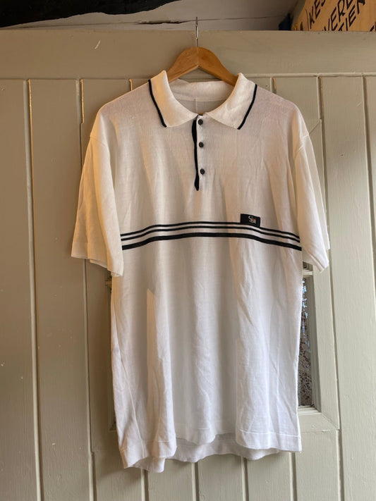 1970s White Italian Dead Stock Knitted Polo Shirt Top