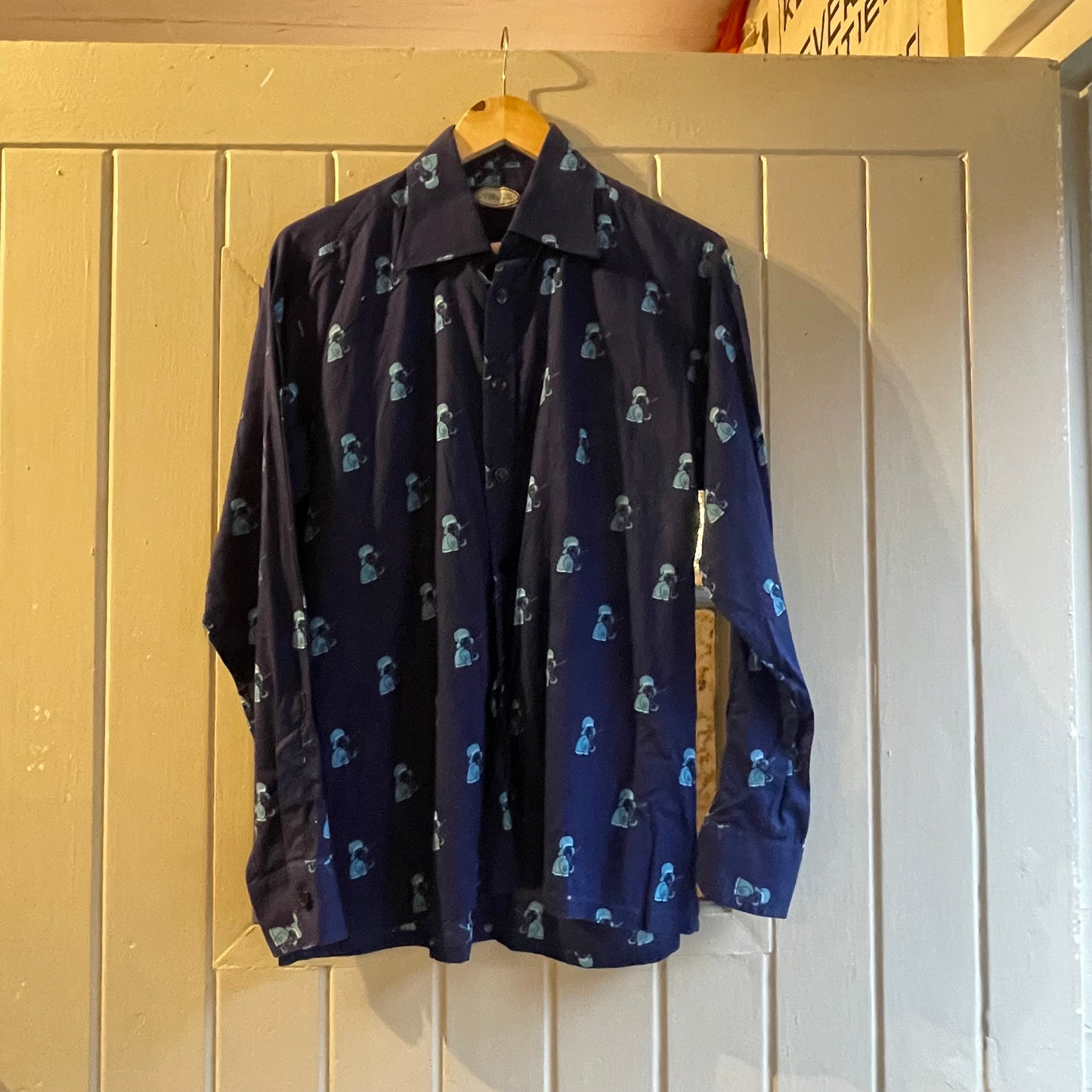 1970s Navy Patterned Dagger Collar Button Up Shirt