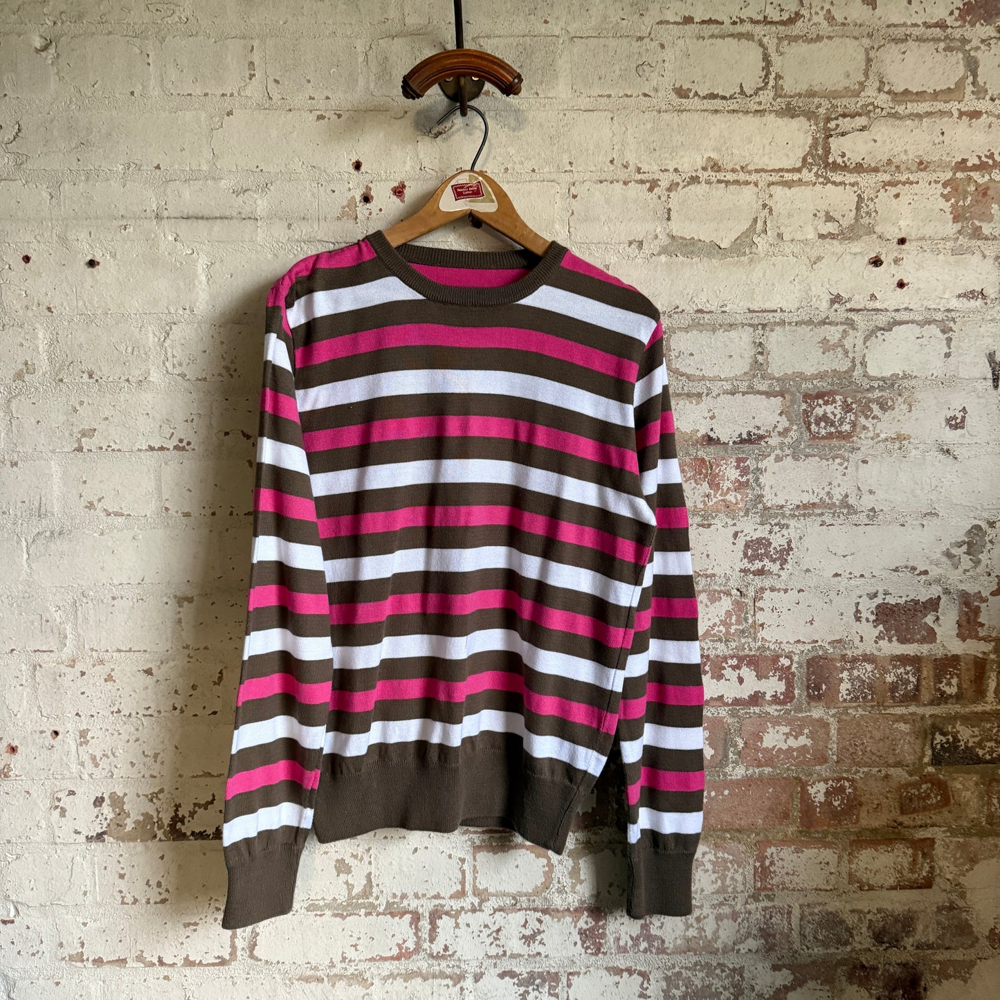 1990s Pink and Brown Striped Knitted Jumper