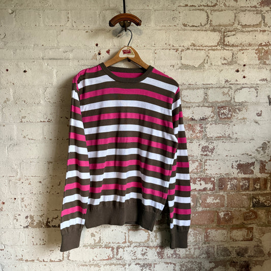 1990s Pink and Brown Striped Knitted Jumper