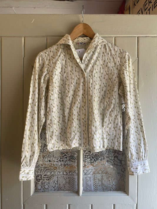 1970s White Printed Ivory Blouse Shirt