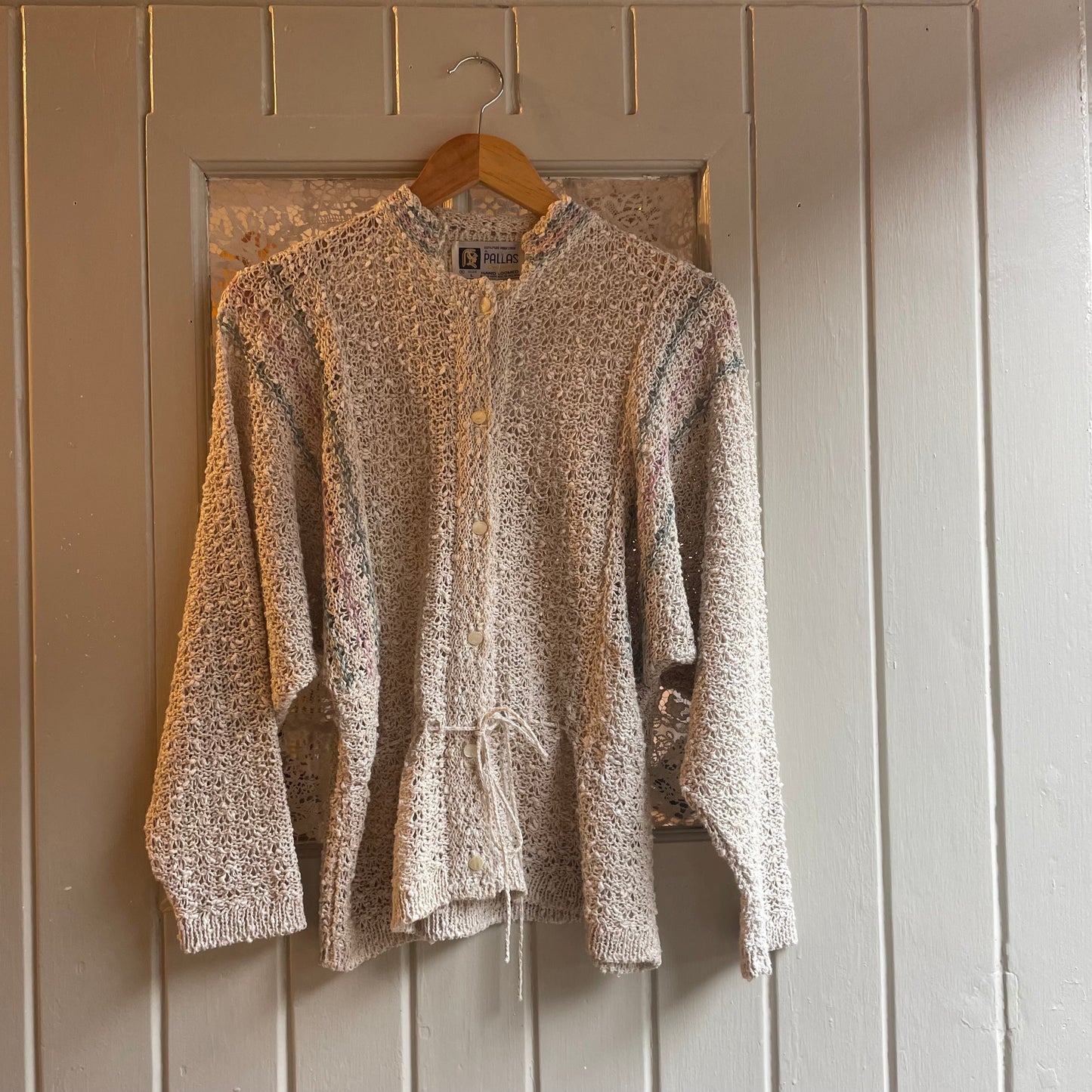 1970s beige Irish Linen Knitted Tie Waist Jumper