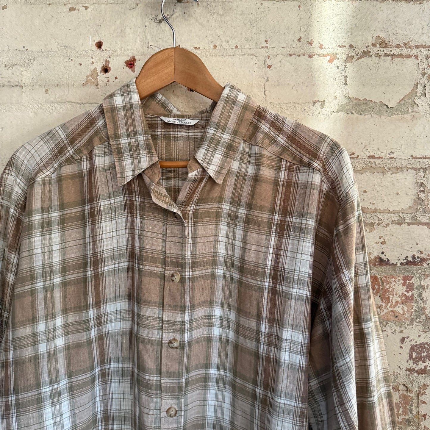 1990s Brown Linen St Michaels Checkered Shirt