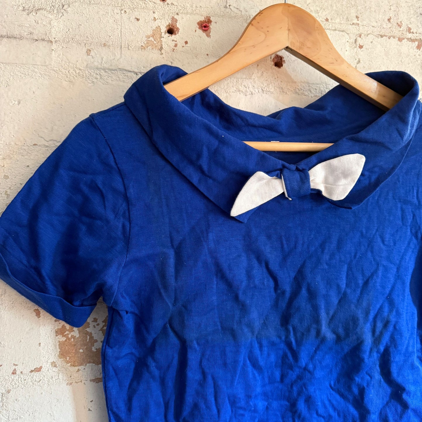 1960s Navy Blue Bow Tie Cotton rayon T-Shirt Top