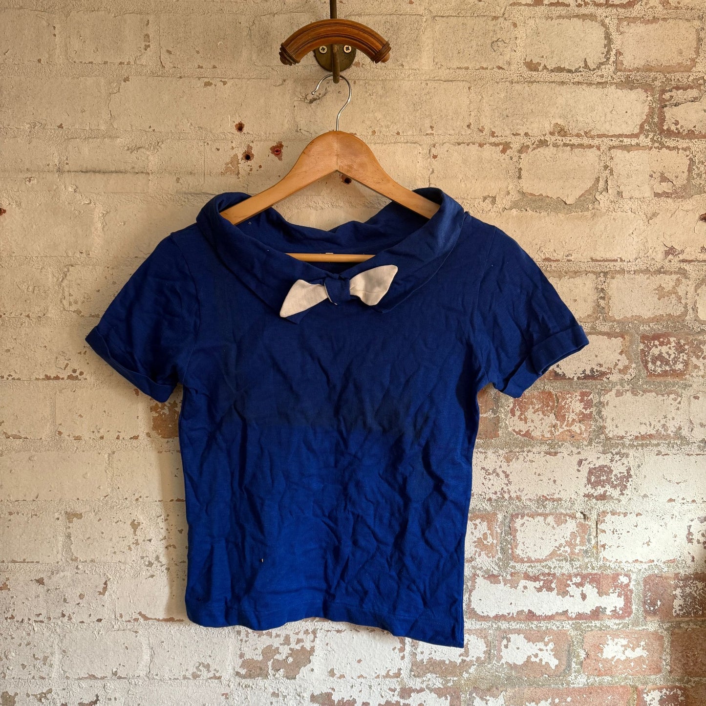 1960s Navy Blue Bow Tie Cotton rayon T-Shirt Top