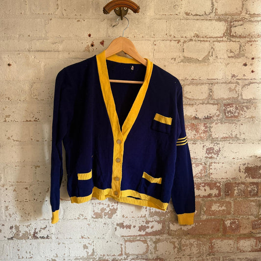 1970s Navy Knitted College Style Cardigan Jumper