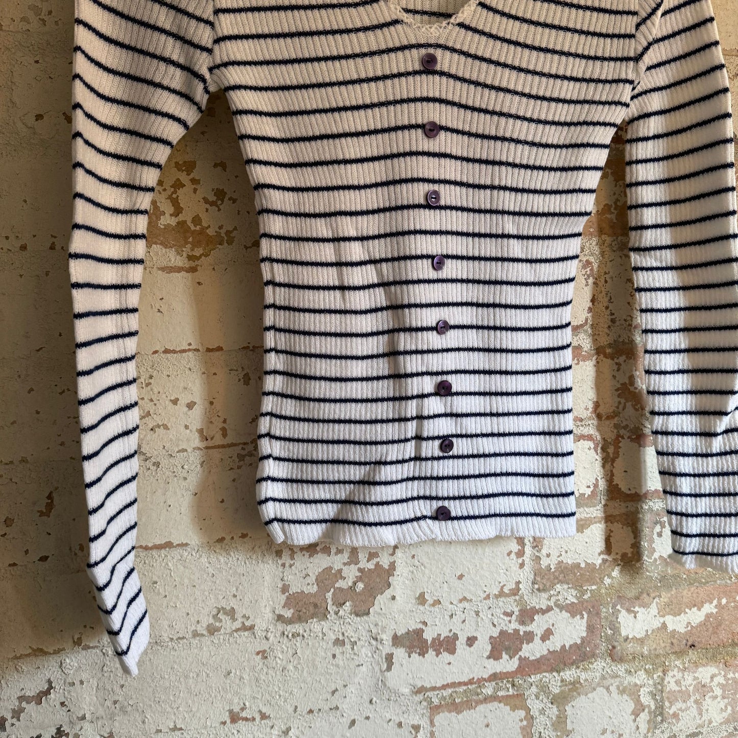 1980s White Striped Button Cardigan Jumper
