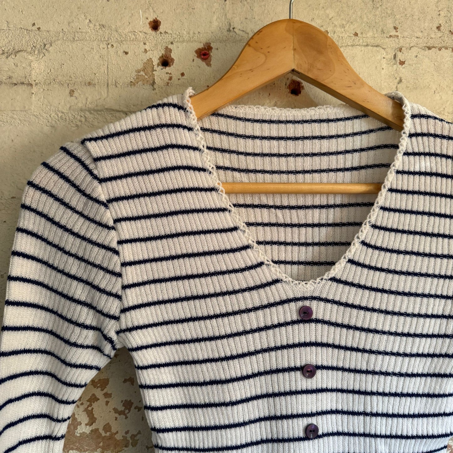 1980s White Striped Button Cardigan Jumper