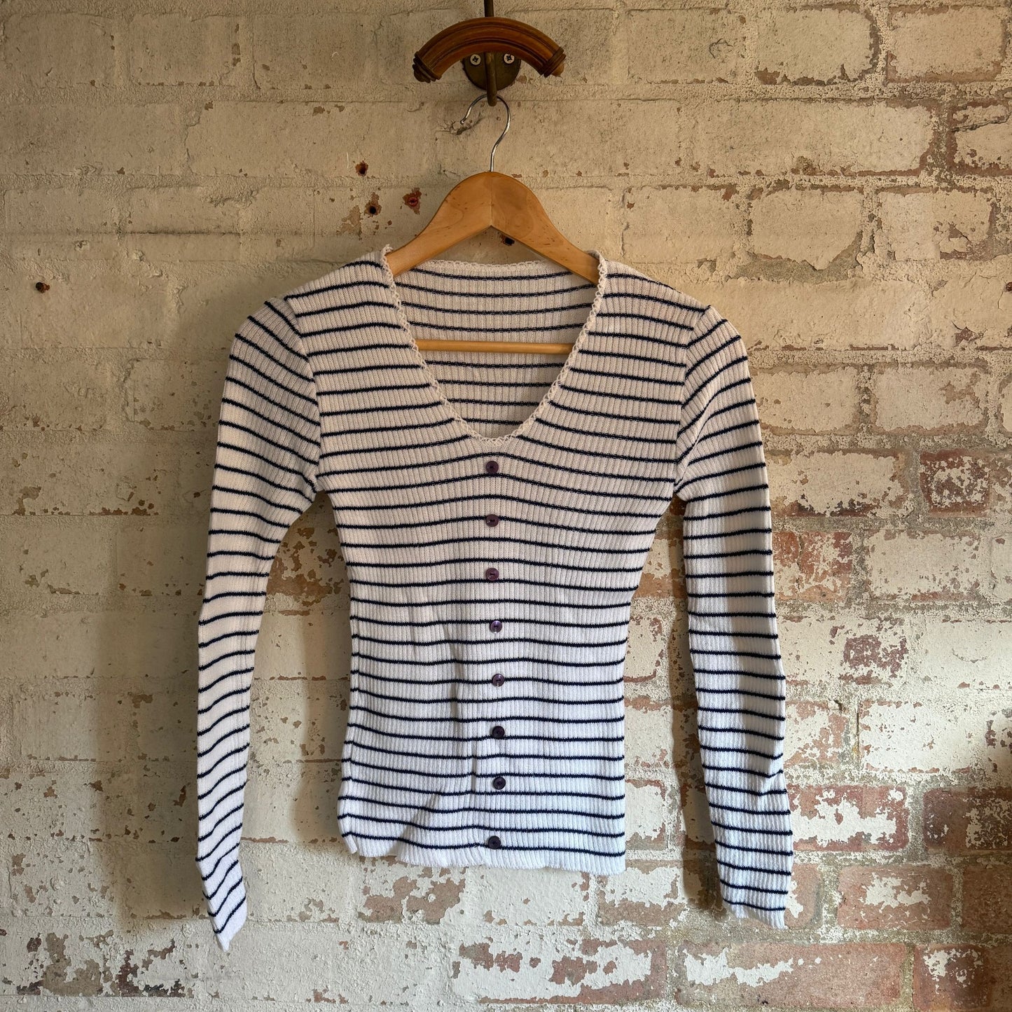 1980s White Striped Button Cardigan Jumper