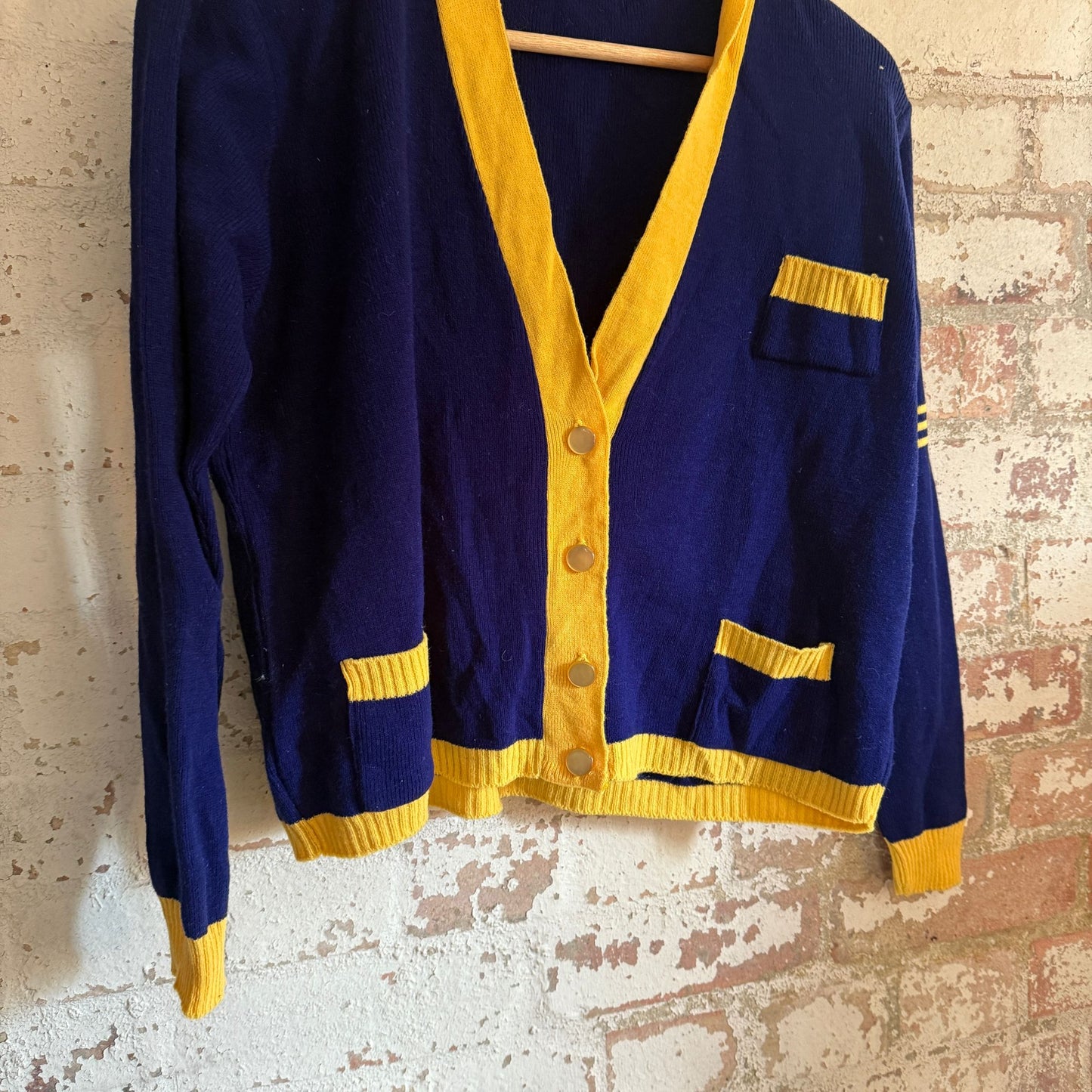 1970s Navy Knitted College Style Cardigan Jumper
