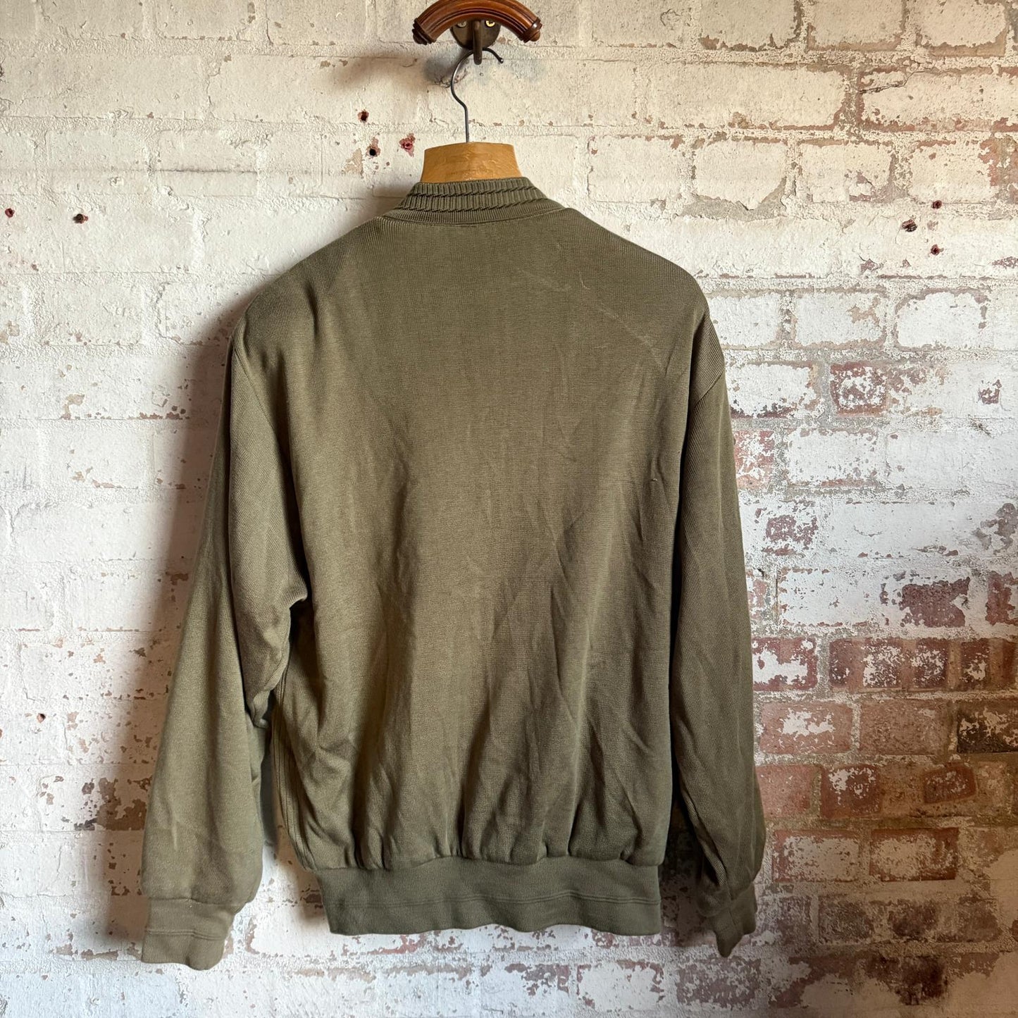 1980s Khaki Knitted Grandad Cardigan Jumper