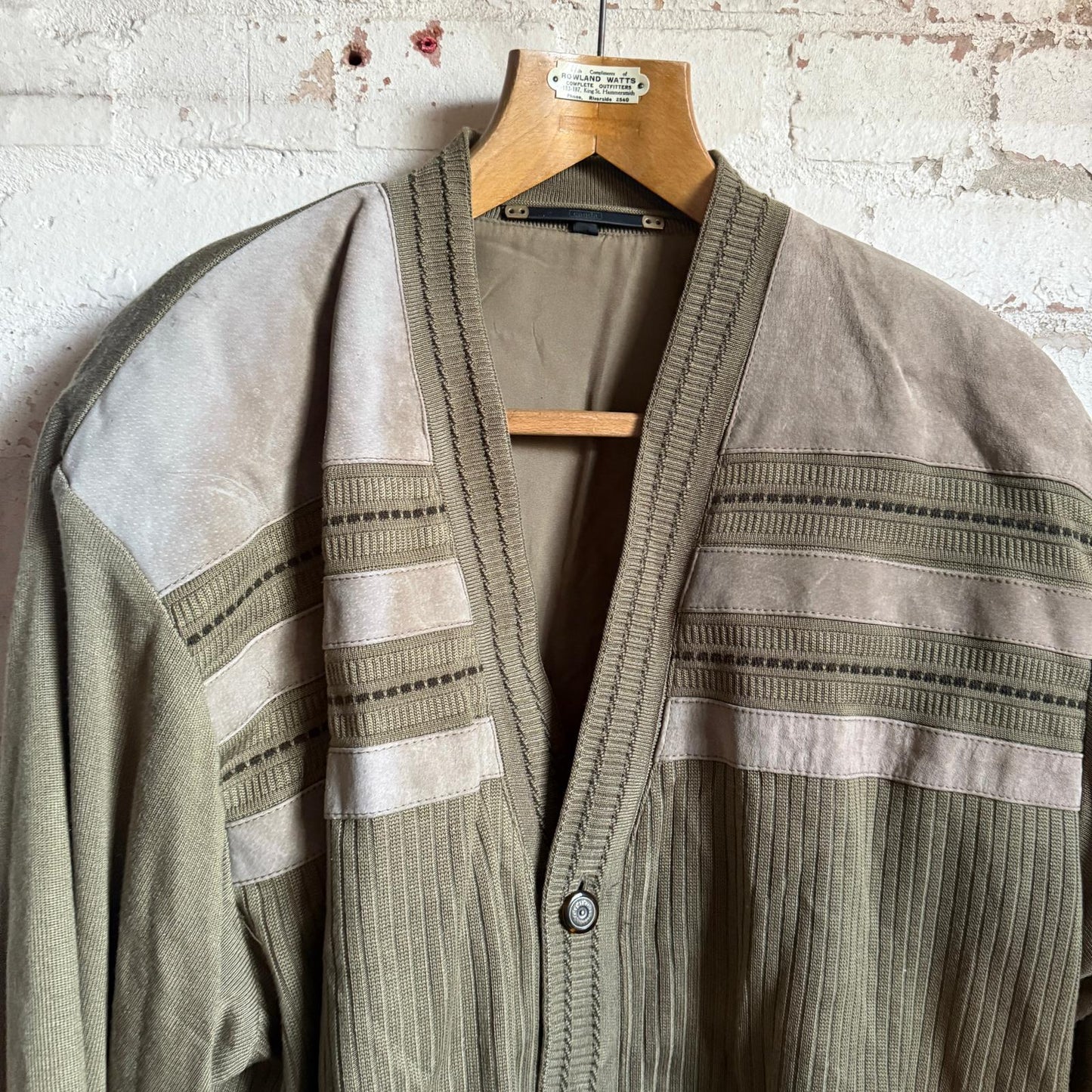 1980s Khaki Knitted Grandad Cardigan Jumper