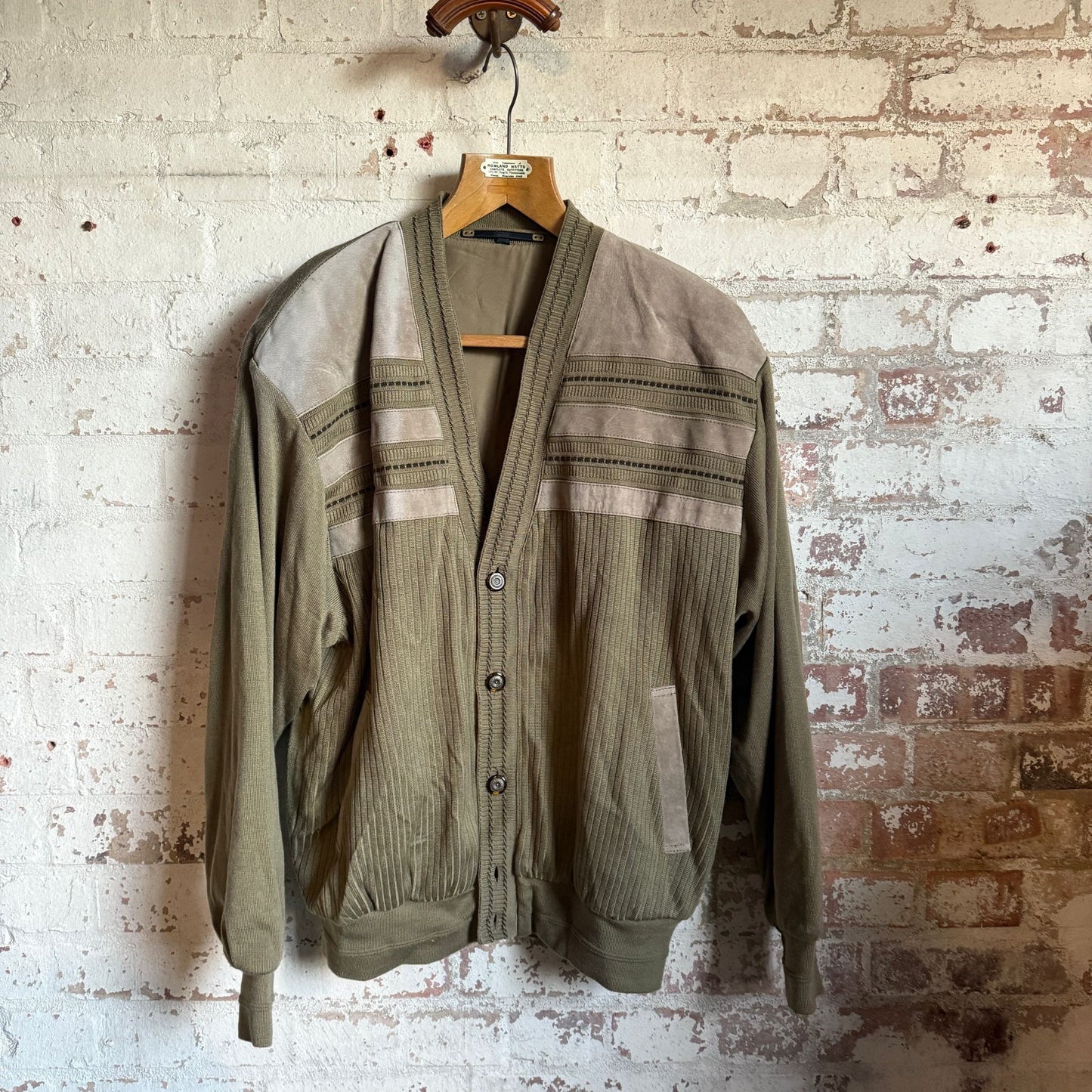 1980s Khaki Knitted Grandad Cardigan Jumper