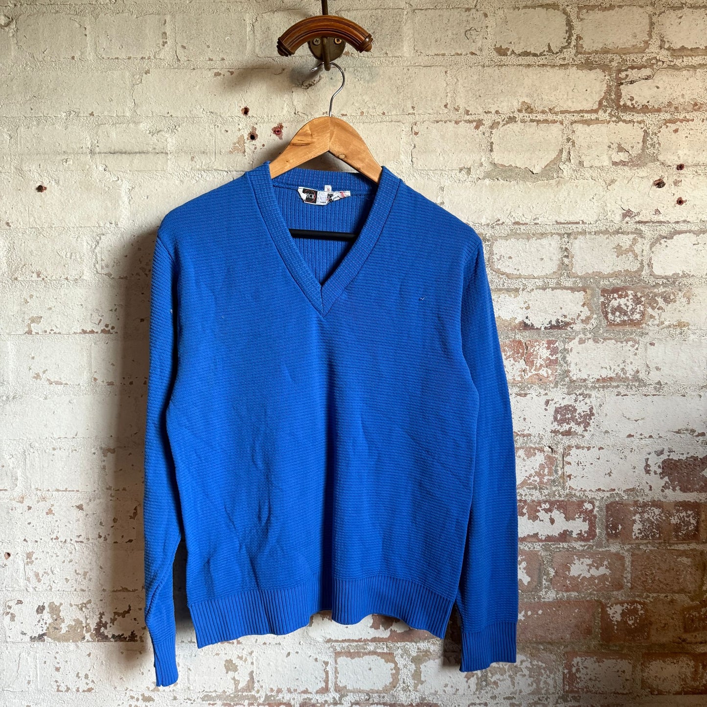 1960s Blue Knitted Pick V Neck Jumper