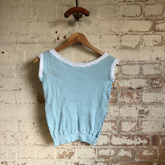 1960s Baby Blue Knitted Waffle Cotton Vest Top