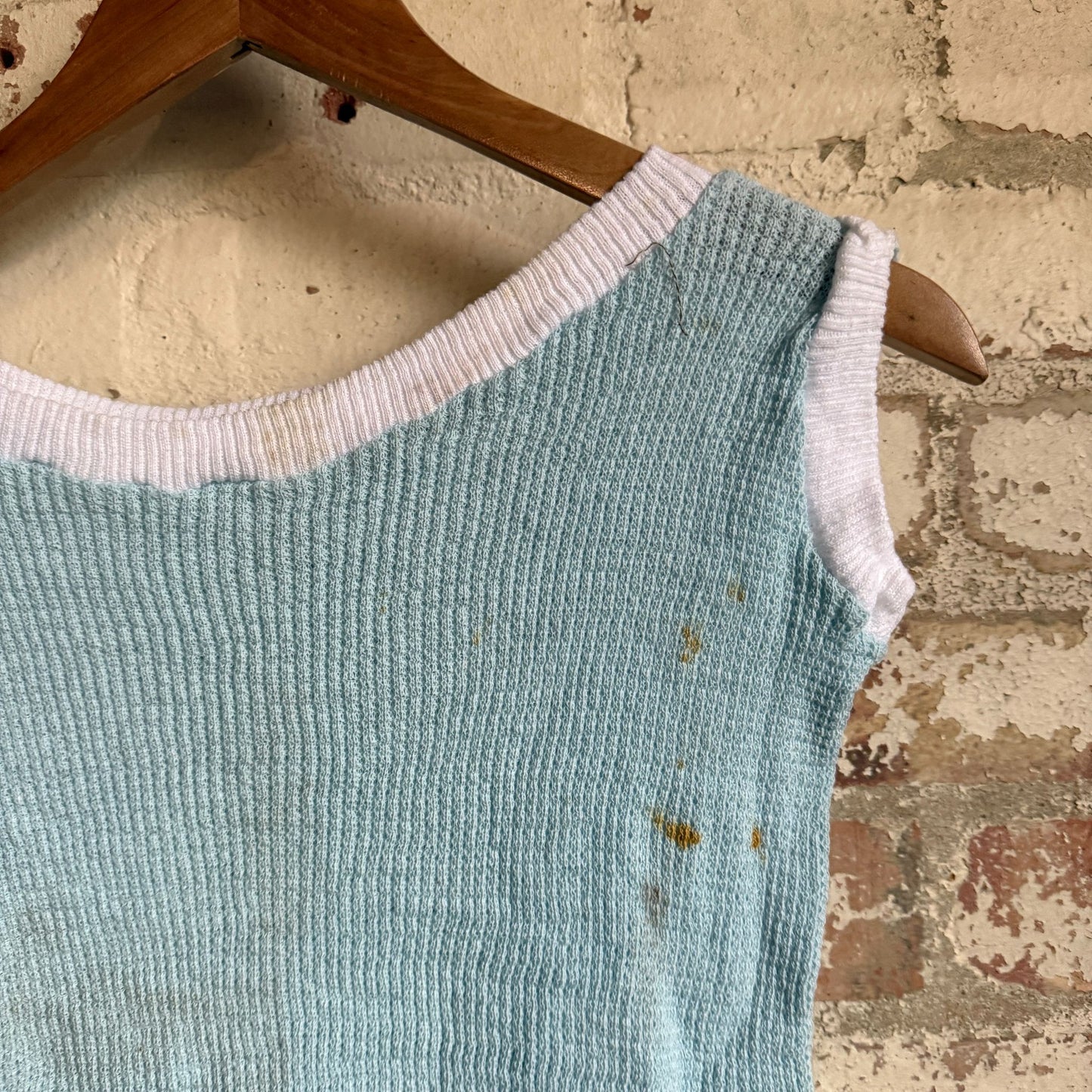 1960s Baby Blue Knitted Waffle Cotton Vest Top