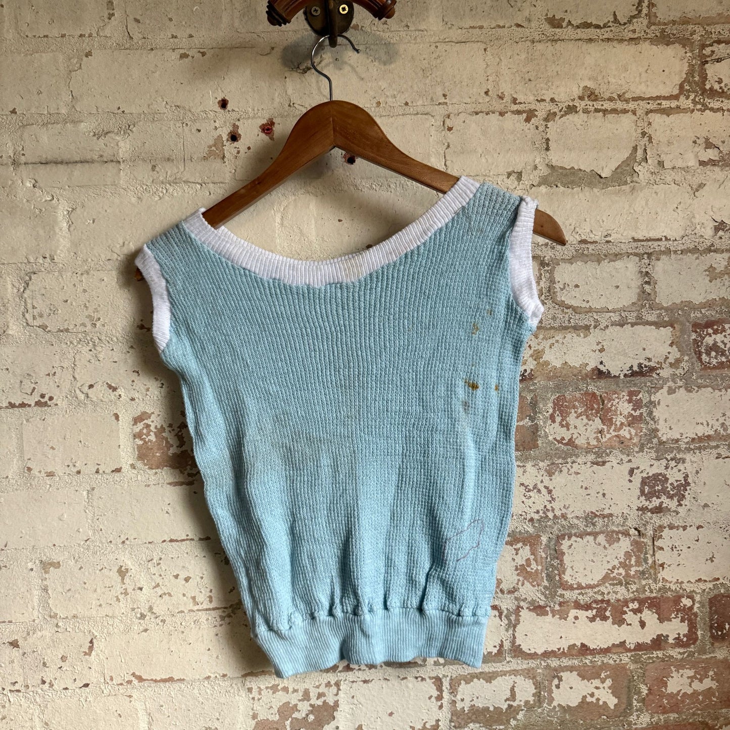 1960s Baby Blue Knitted Waffle Cotton Vest Top