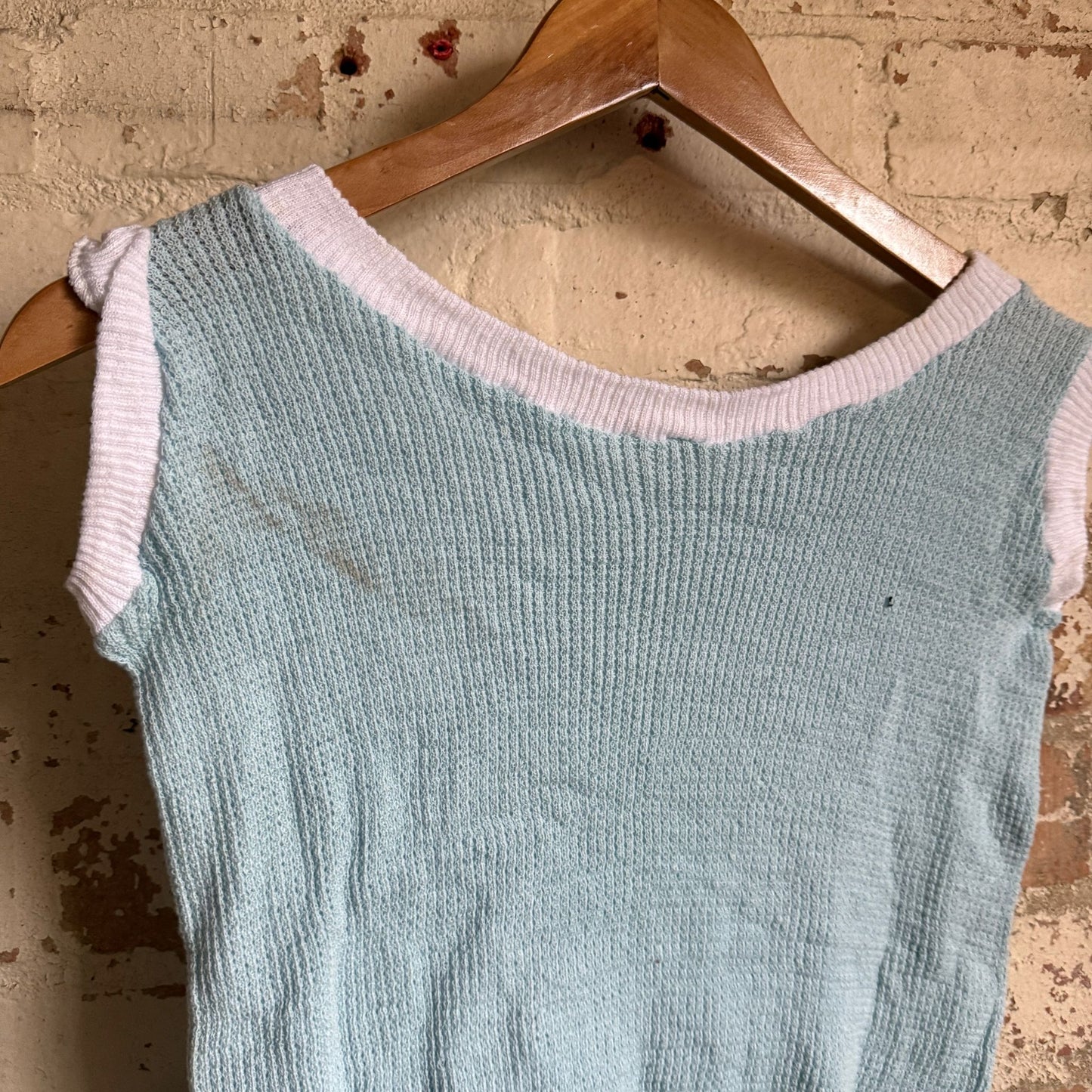 1960s Baby Blue Knitted Waffle Cotton Vest Top