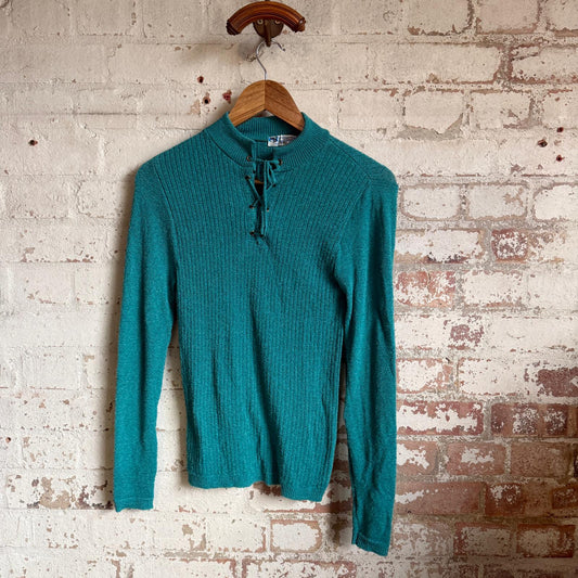 1970s Turquoise Lace Tie Long Sleeve Top