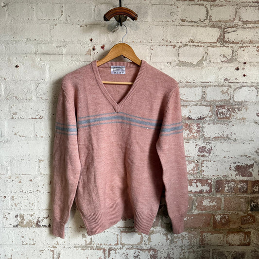 1980s Pink Knitted Wool V-Neck Jumper