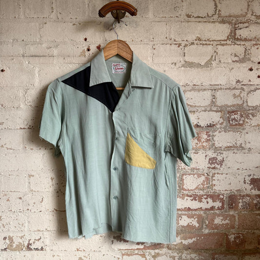 1950s Pastel Grey Gaberdine rayon Loop Collar Shirt