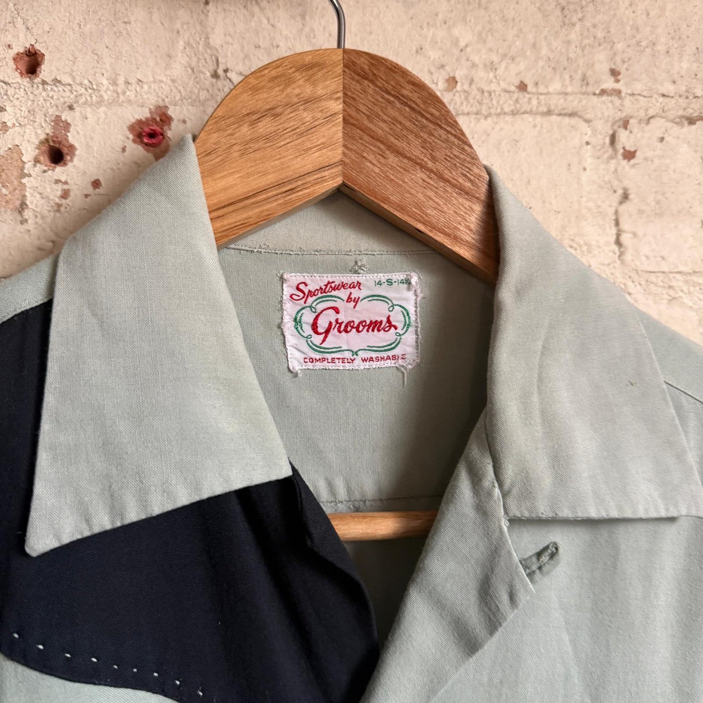 1950s Pastel Grey Gaberdine rayon Loop Collar Shirt