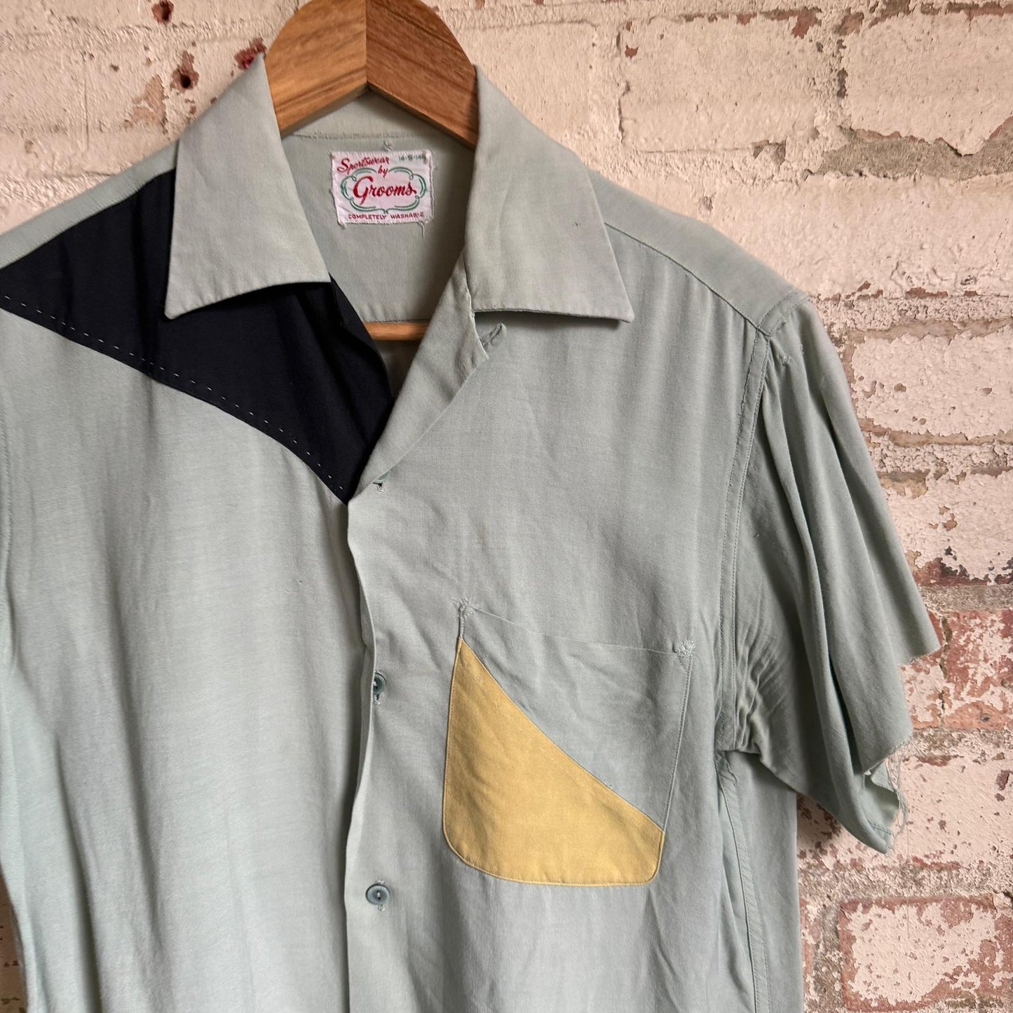 1950s Pastel Grey Gaberdine rayon Loop Collar Shirt