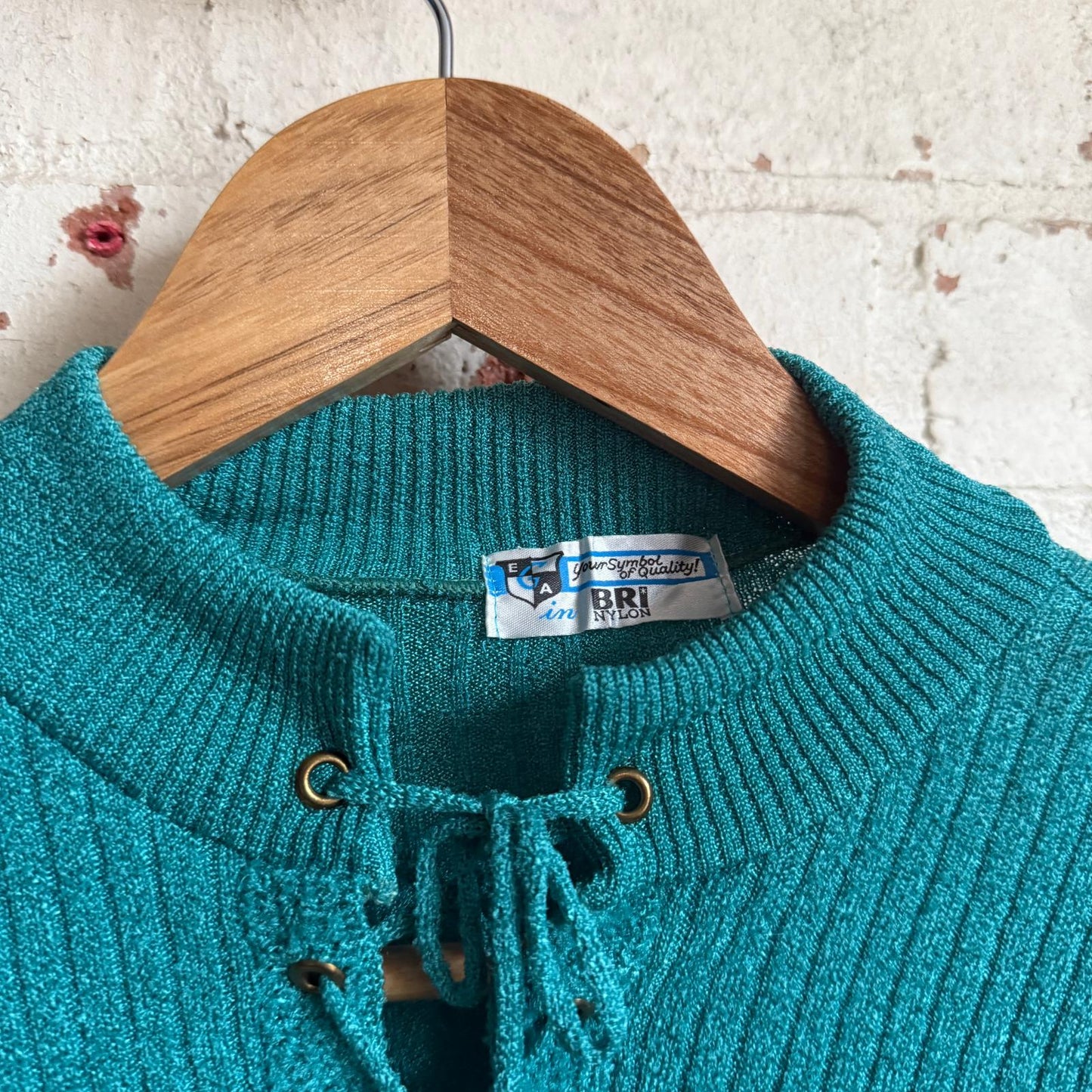 1970s Turquoise Lace Tie Long Sleeve Top