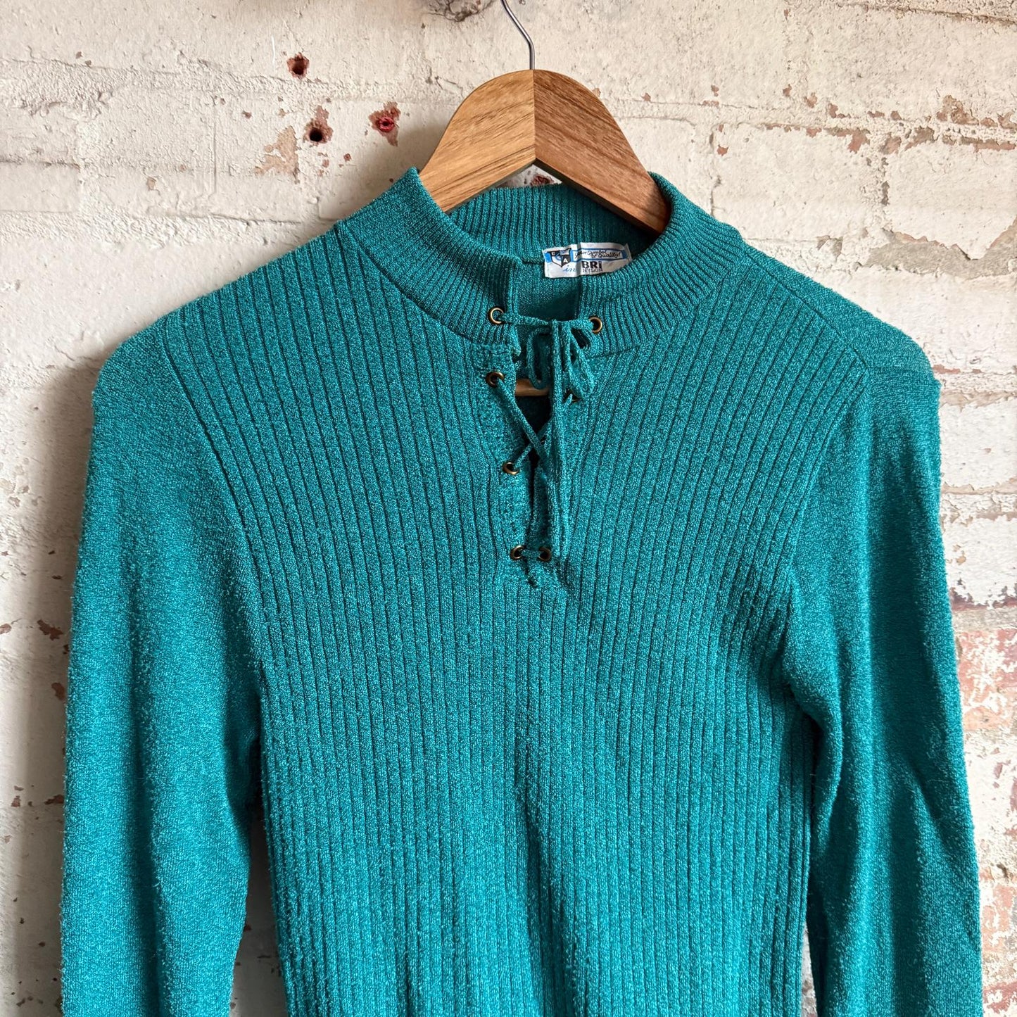 1970s Turquoise Lace Tie Long Sleeve Top